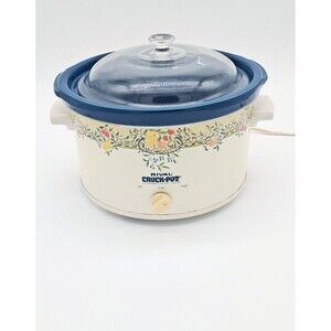 Vintage RIVAL 3355 Crock Pot 5 Quart Slow Cooker Blue Stoneware Fruit USA MADE